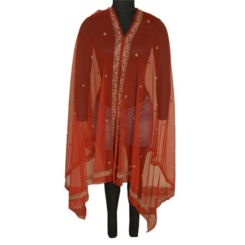 Sanskriti Vintage Brick Red Long Dupatta Stole Net Mesh Hand Beaded Scarves - Picture 2 of 9