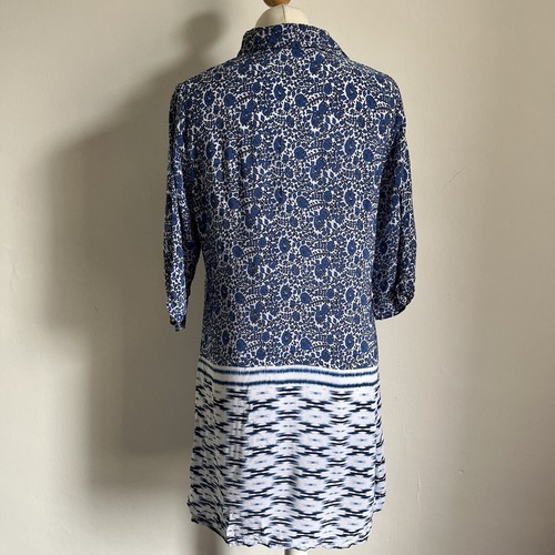 One Season Tunic Size Small Blue Patterned Collared 3/4 Sleeves Pockets Holiday - Picture 7 of 10
