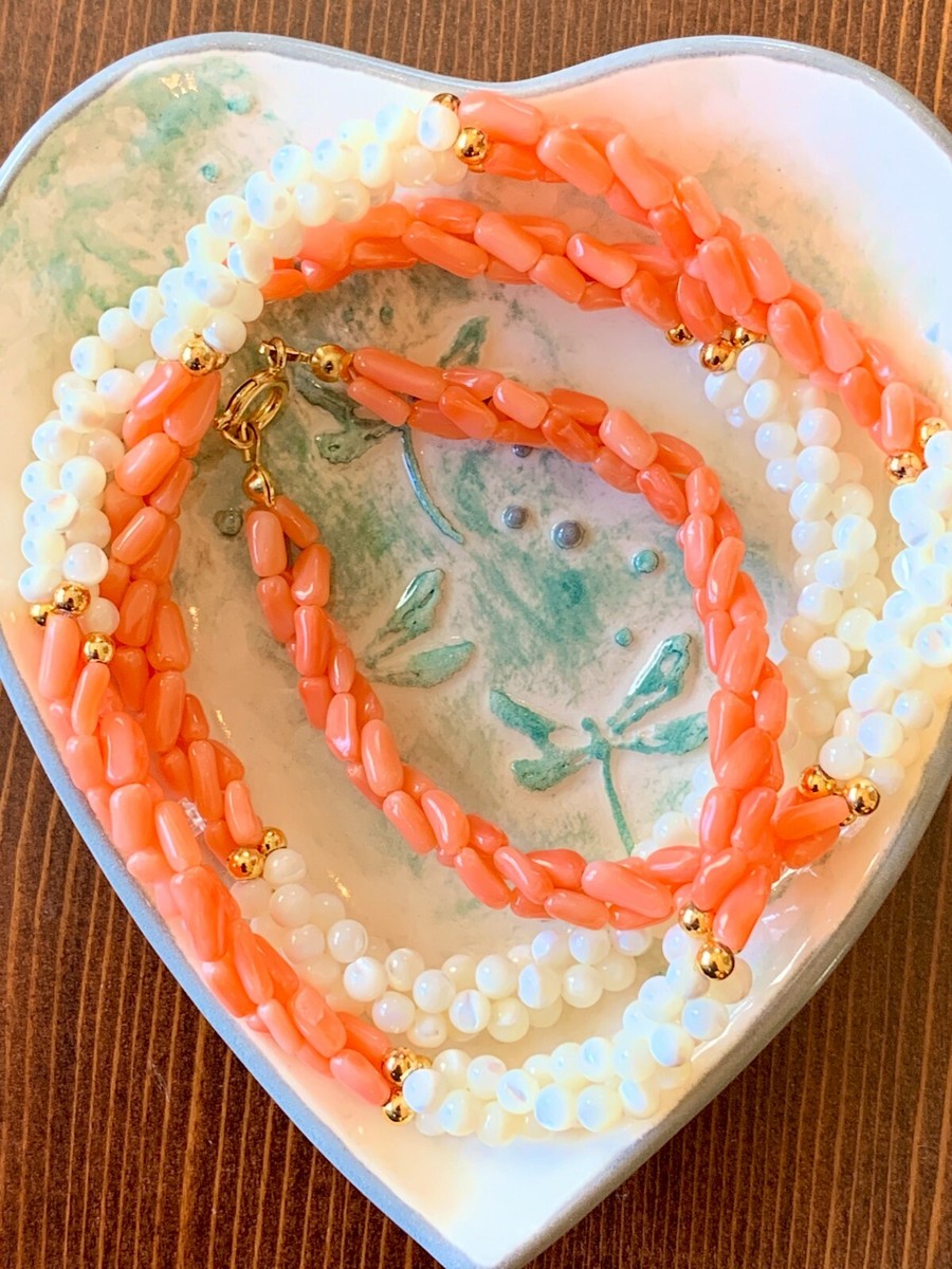 Peach Coral Freshwater Seed Pearls 3-strand Twisted Necklace