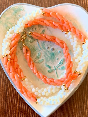Peach Coral Freshwater Seed Pearls 3-strand Twisted Necklace gold