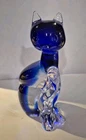 vintage Murano art glass blue kitty cat 6" figurine