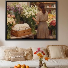 Bichon Frise Oil Painting Floral Still Life Canvas Dog Home Decor Wall Art