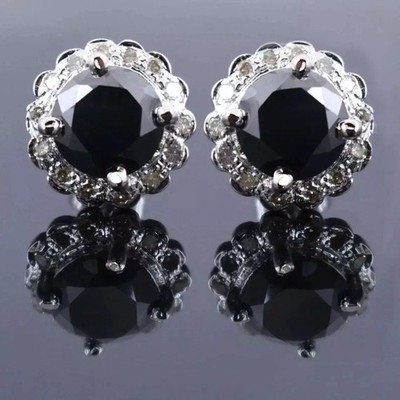 4Ct Lab Created Black Diamond Push Back Halo Stud Earrings 14K White Gold Finish