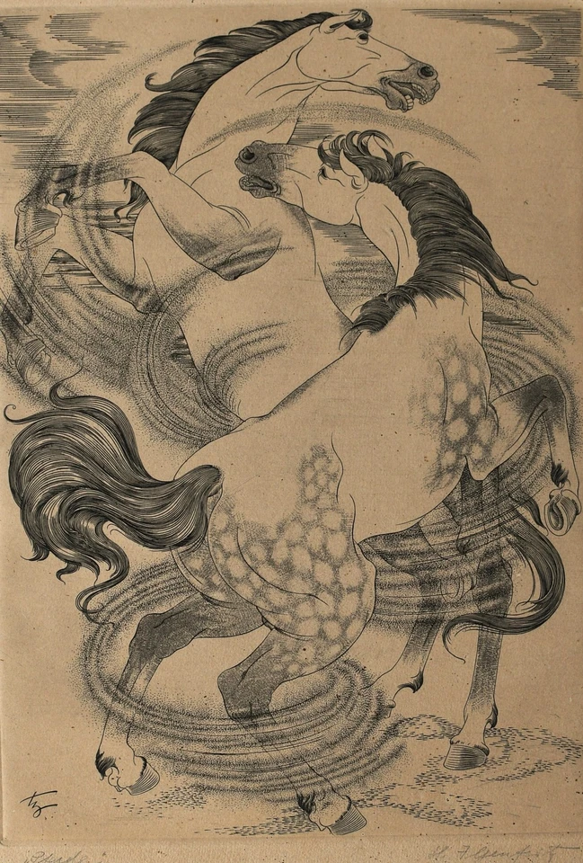 Heinrich Ilgenfritz Kupferstich Pferde Original Grafik signiert Nachlassstempel - Bild 3 von 4