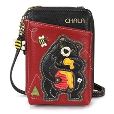 NEW CHALA BLACK BEAR HONEY POT ZIPPERED CROSSBODY WALLET FAUX LEATHER BURGUNDY