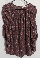 MAX STUDIO Burgundy Floral Ruched Long Sleeve Top Medium H2 Prairie Cottagecore