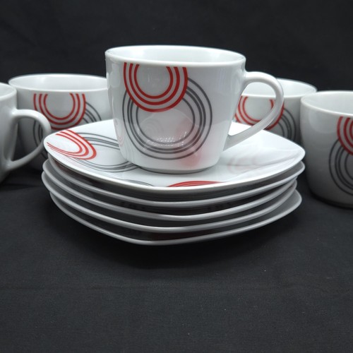 Cup Saucer Set 5 Modern Circle Square Graphic Red Gray White Tea Coffee Cafe - Picture 1 of 9
