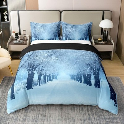 100% Natural Cotton Winter Duvet Cover Queen, Blue Snow Snowstorm Bedding Set,