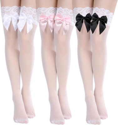 3 Pairs Women Satin Bow Thigh Highs Stockings Lolita over Knee High Long Socks w