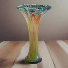 Vintage MCM Murano Style Orange, Yellow, Blue, White Stretched Glass Vase | 11"H