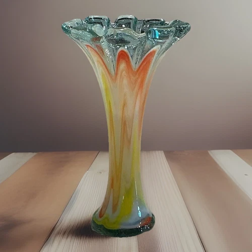 Vintage MCM Murano Style Orange, Yellow, Blue, White Stretched Glass Vase | 11"H
