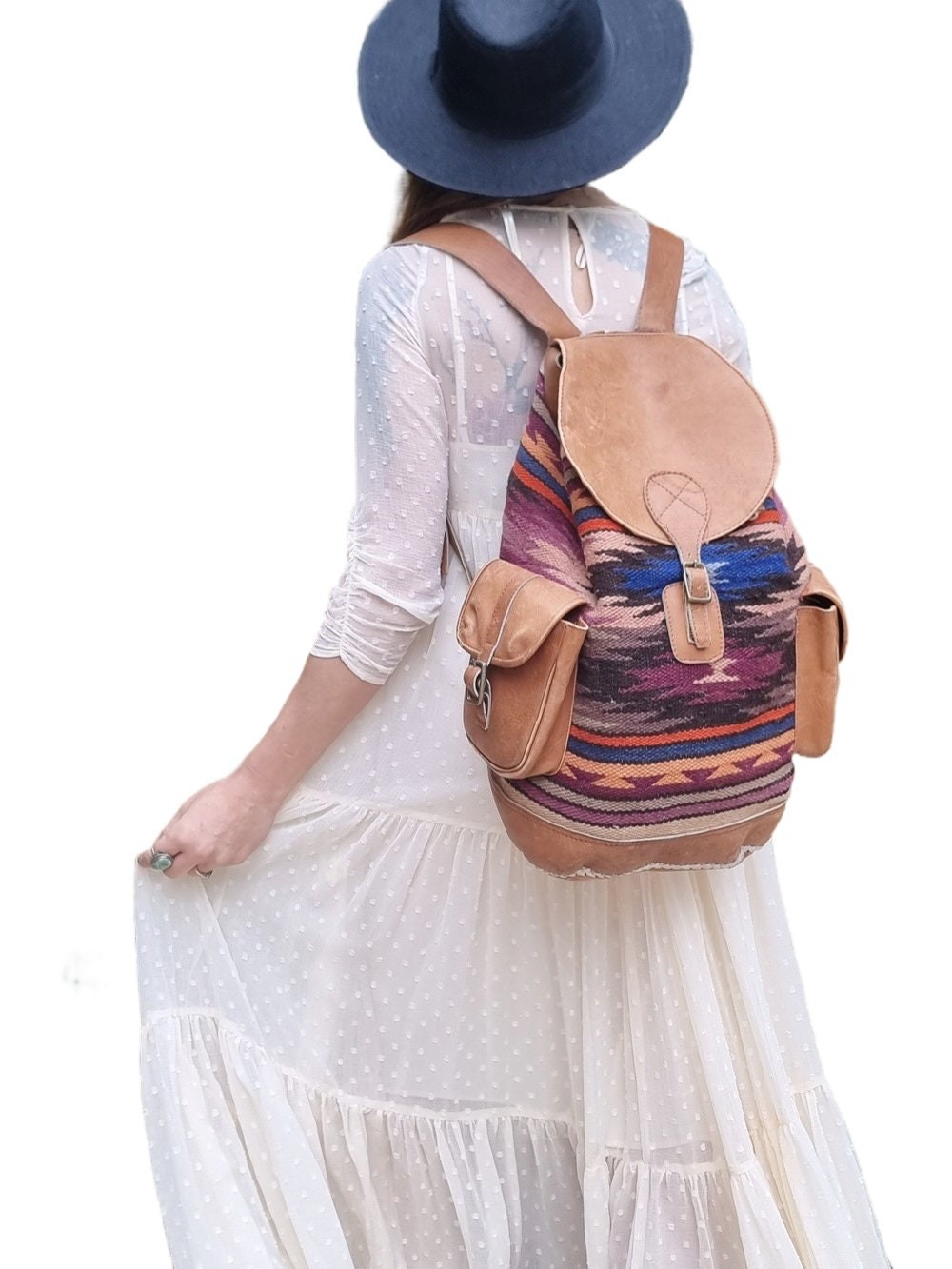Extra Large Aztec Blanket Leather Backpack, South… - image 3