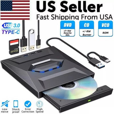 Portable USB 3.0 CD DVD Burner External Drive USB Hub Card Reader For Laptop PC