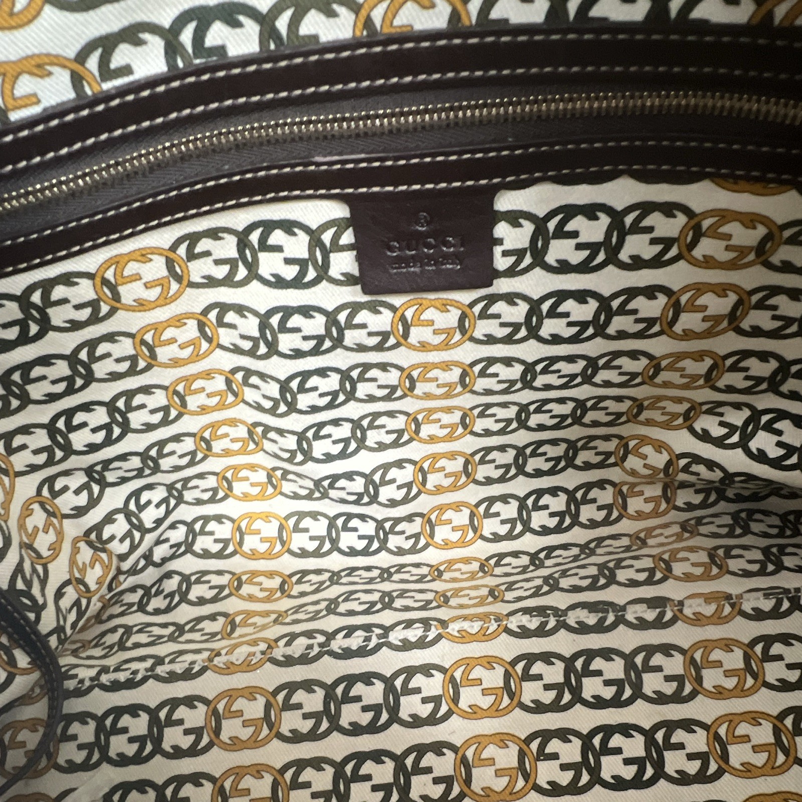 Gucci Brown/White Chain Print Shoulder Bag Zip Closure Detachable Strap Lined — image 5