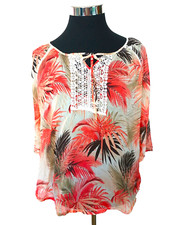 Laura Ashley Blouse Women's Size L Multicolor Tropical Island Casual Semi Sheer