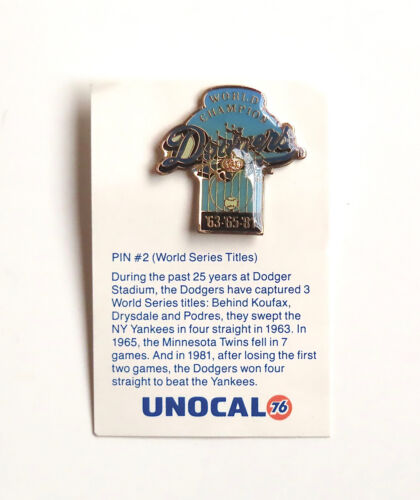 Vtg 1987 Unocal 76 Lapel Pin #2 L. A. Dodgers World Champion ’63 ’65 ’81 on Card
