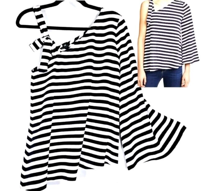 Club Monaco One Shoulder Navy/White Striped Top Size