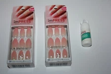 Lot/2 Kiss Impress Press-On 30 Nails Almond Shape 62302 In Box + Glue