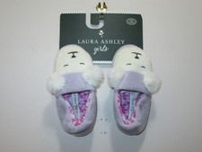 LAURA ASHLEY GIRLS FLEECE-LINED SLIPPER SHOES POLAR BEAR LAVENDER IVORY SIZE L