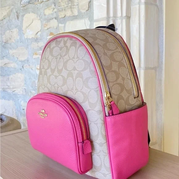 Mochila Coach Signature Court LONA Caqui Claro/Rosa Confeti Nueva con Etiquetas Auténtica Foto 2 de 4