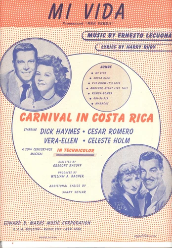 CARNIVAL IN COSTA RICA Sheet Music "Mi Vida" Vera Ellen Dick Haymes Cesar Romero