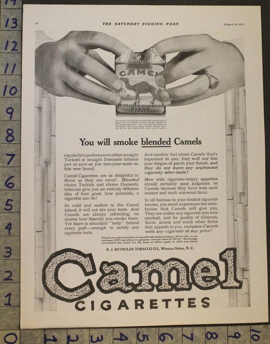 original camel cigarettes package 1915 CAMEL CIGARETTE PACK CAMEL REYNOLDS WINSTON-SALEM SMOKE TOBACCO AD  [[SKU]
