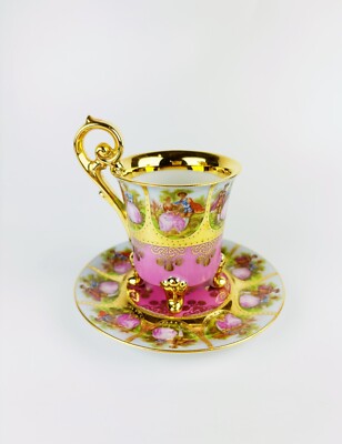 Pink JKW Karlsbad Germany Fragonard Courting Couple Love Story Demitasse Set