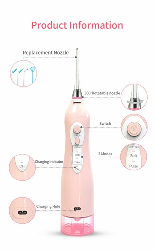 Oral Irrigator Dental Water Flosser USB Charger Waterfloss with 5 nozzles Pink - Foto 8 di 10