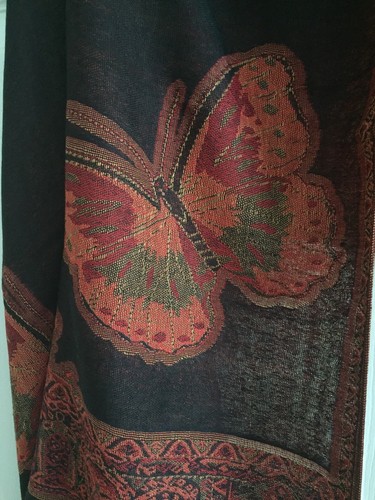 2 Side Butterfly Scarf Wrap Orange Black Cashmere Silk Shawl 70x27 "Soft - Imagen 9 de 12