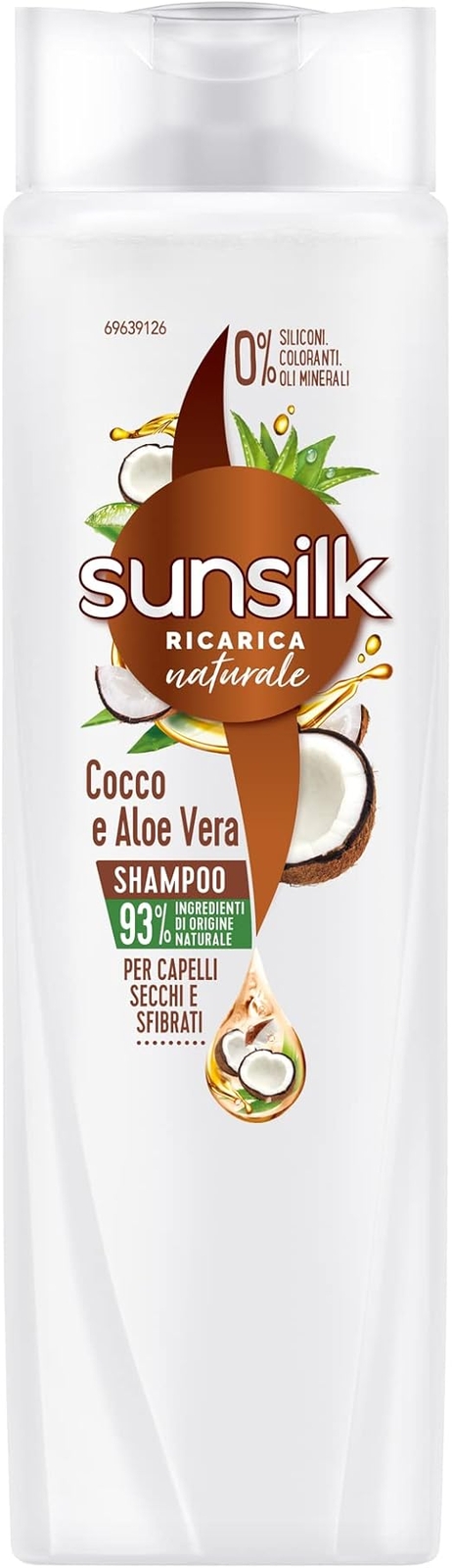 SUNSILK Ricarica naturale Shampoo Cocco e Aloe Vera capelli secchi 250ml, 3 Pz.