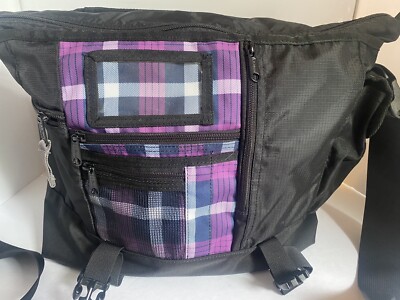 L.L. Bean Messenger Bag Travel Tote School Black Purple Plaid