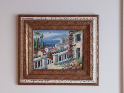 Original Oil Painting on Canvas of Veranda and Garden in Gold Wood Frame Signed