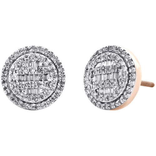 10K Rose Gold Round & Baguette Cut Diamond Circle Earrings 11mm Pave Stud 1/2 CT - Picture 1 of 5