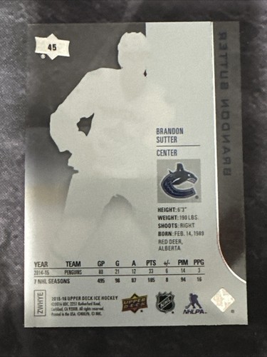 2015-16 Upper Deck Ice 45 Brandon Sutter Vancouver Canucks - Picture 2 of 2