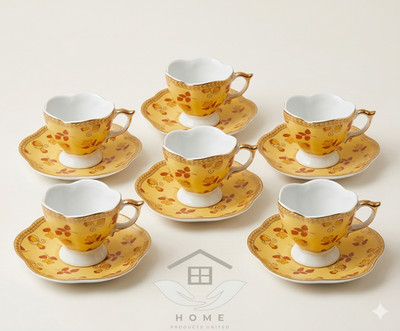 Türkisches 6-teiliges goldenes Blumen Porzellan Teetasse & Untertasse Set gelb Teegeschirr Geschenk