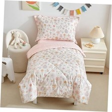 4 Piece Girls Toddler Bed Comforter Set Pink Flower Reversible Toddler Floral