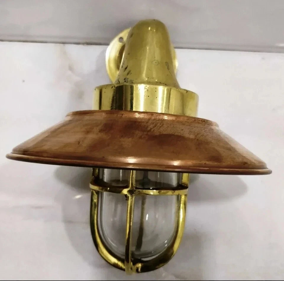 NAUTICAL MARINE BRASS WALL SCONCE OUTDOOR SHIP LIGHT WITH COPPER SHADE SET OF 2 - Image 3 of 4