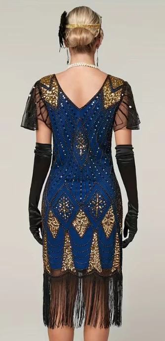 FLAPPER 1920s DRESS-Vintage Style Blue 1920s Flappe Dress - Sequined Tassel, LGE - Image 4 of 4