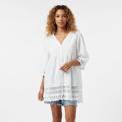 Ulla Popken White Cotton Lace Trim Pintuck Tunic Top Size 12 Lightweight Coastal