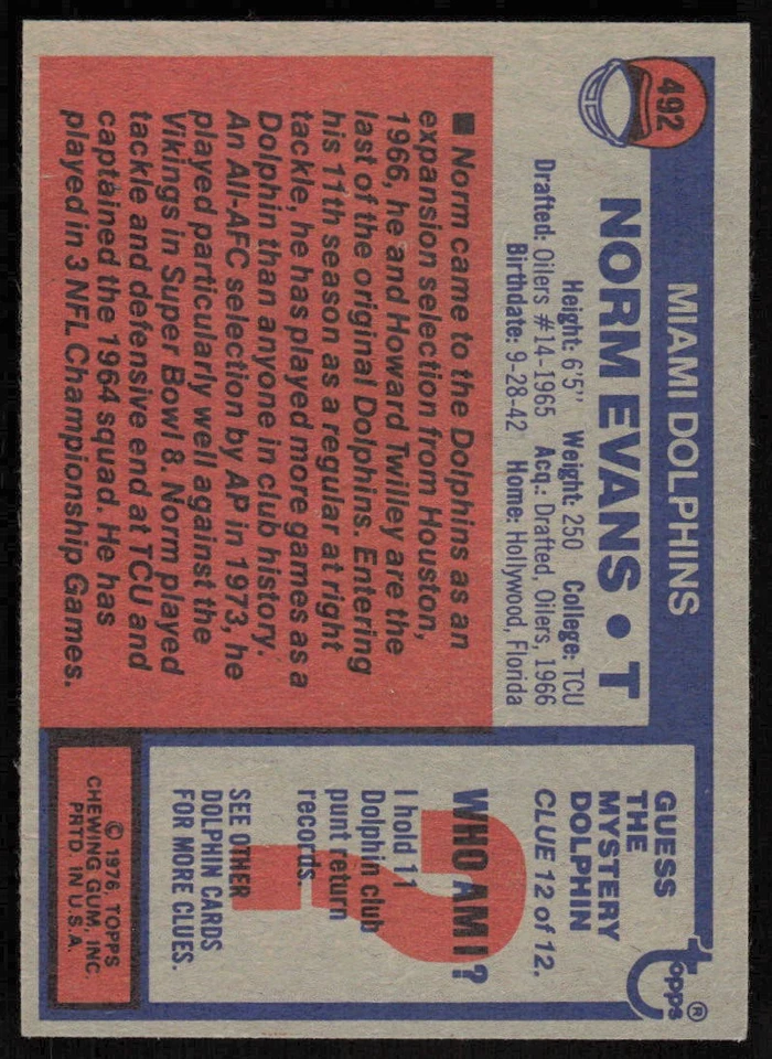 1976 Topps #492 Norm Evans - $1 SHIPPING - Image 2 of 2