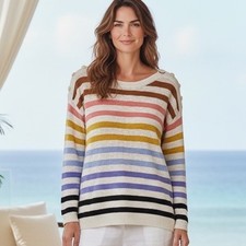 Talbots Striped Knit Sweater Multicolor Button Shoulder Crew Neck Nautical L