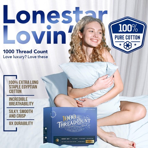 Set lenzuola queen size TEXAS LINEN CO. 100% cotone egiziano - 1000 fili... - Foto 2 di 9