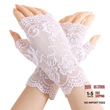 Short Lace Gloves for Women, Sunblock Fingerless Bridal Wrist One Size White