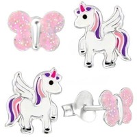 2 Paar Set Kinder Ohrstecker Schmetterling Einhorn 925 Silber MäDchen Ohrringe