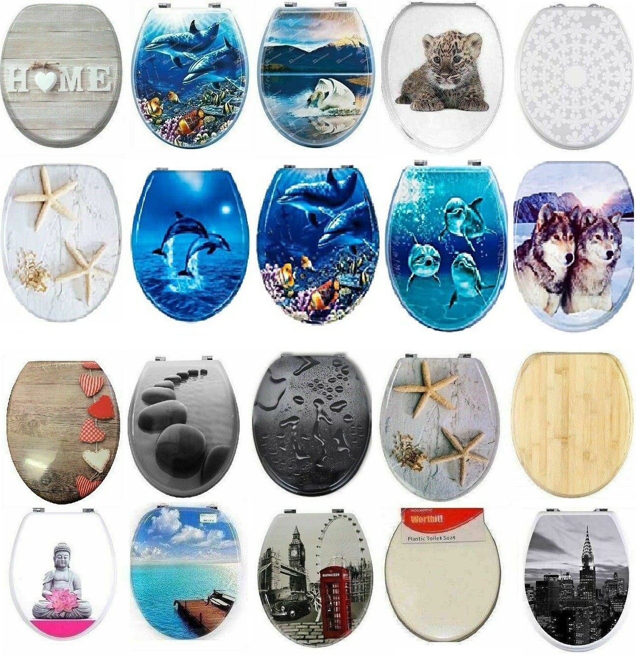 SOFT SLOW CLOSE PRINTED WC TOILET SEAT STABLE SS HINGES WOODEN MDF