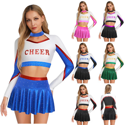 Damen Glitzer Cheer Leader Kostüm Langarm Crop Top mit Faltenrock Cheerleading 