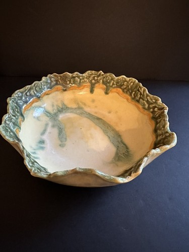 Art Pottery Bowl Slab Built Green Cream 8.5” Artist Signed Nyman Seattle - Picture 14 of 19