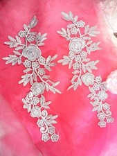 Romantic Roses Embroidered Lace Appliques Silver Floral Mirror Pair 13" DH84 