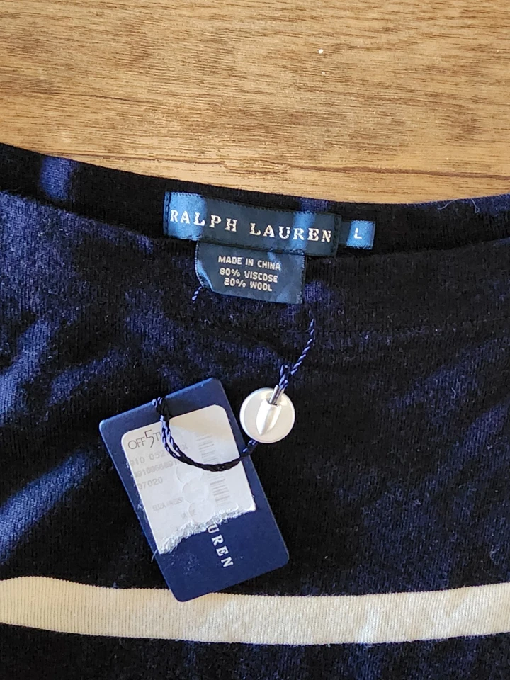 $298 Nuevo con Etiquetas Vestido Suéter Ralph Lauren Etiqueta Azul Mezcla Lana Rayas L Fino Azul Marino Foto 3 de 4