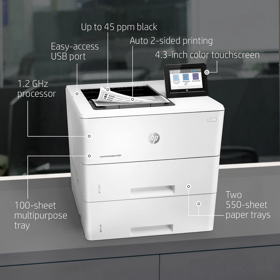 HP LaserJet Enterprise M507x Wireless Monochrome Printer with built-in Ethernet - Image 2 of 4